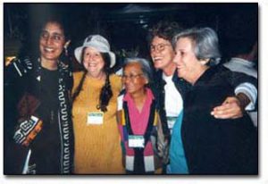 Some of the Women's Caucus members: Lani Guinier, Sue Leonard, Gladys Chang Brazil, Margie Adam, Alice Slater and Danielle Donovan (behind the camera)