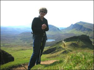 Margie Adam standing at The Quiraing, Isle of Skye