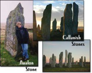 Margie Adam with Avalon stone, Gors Fawr moor, Callanish Stones