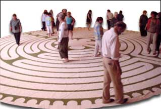 Walking a canvas labyrinth at North Berkeley Senior Center